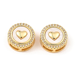 Brass Micro Pave Clear Cubic Zirconia Slide Charms, with Shell, Long-Lasting Plated, Lead Free & Cadmium Free, Real 18K Gold Plated, Flat Round, Heart, 13x5.5mm, Hole: 5x2mm(KK-K342-09G-05)