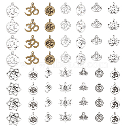 56Pcs 5 Style Chakra Alloy Pendant, Lotus & Flat Round & Flower with Ohm/Aum, Antique Bronze & Antique Silver, 11~23x11~23mm(FIND-CA0006-88)