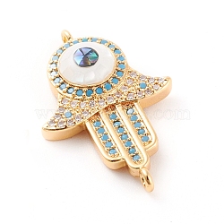 Brass Micro Pave Cubic Zirconia Links Connectors, with Abalone Shell/Paua Shell, Cadmium Free & Nickel Free & Lead Free, Hamsa Hand/Hand of Fatima/Hand of Miriam, Clear & Blue, Golden, 26x17x4.8mm, Hole: 1.2mm(ZIRC-K085-03B-G)