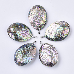 Double-Sided Natural Abalone Shell/Paua Shell Pendants, with Platinum Plated Random Brass Pendant Bails, Oval, Colorful, 55~59x41.5~43.5x19~22mm, Hole: 5x3~4mm(SSHEL-N034-05)