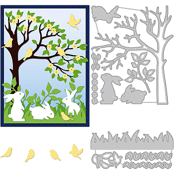 2Pcs 2 Styles Spring Theme Carbon Steel Cutting Dies Stencils, for DIY Scrapbooking, Photo Album, Decorative Embossing Paper Card, Stainless Steel Color, Rabbit & Tree, Mixed Patterns, 5.3~13.3x11~11.1x0.08cm, 1pc/style