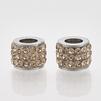 201 Stainless Steel Beads, with Polymer Clay Rhinestone, Column, Light Peach, 5.5x7mm, Hole: 3.5mm