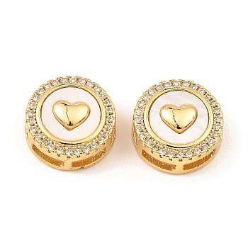 Brass Micro Pave Clear Cubic Zirconia Slide Charms, with Shell, Long-Lasting Plated, Lead Free & Cadmium Free, Real 18K Gold Plated, Flat Round, Heart, 13x5.5mm, Hole: 5x2mm