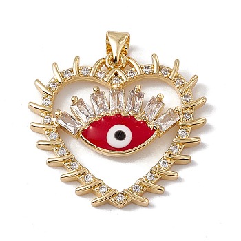 Brass Micro Pave Clear Cubic Zirconia Enamel Pendants, Cadmium Free & Nickel Free & Lead Free, Rack Plating, Heart with Eye Pattern, Real 18K Gold Plated, 27.3x25.2x3.5mm, Hole: 3.5x5mm