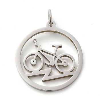 304 Stainless Steel Pendants, with Jump Ring, Flat Round, Stainless Steel Color, Bicycle, 33x29.5x2mm, Hole: 5.5mm