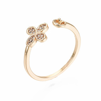 Brass Micro Pave Clear Cubic Zirconia Peg Bails Cuff Finger Ring Settings, for Half Drilled Bead, Nickel Free, Flower, Real 18K Gold Plated, US Size 5 1/2(16mm), pin: 0.6mm(for half drilled bead)