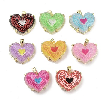 Real 18K Gold Plated Brass Pave Faceted Resin Pendants, Glitter Heart Charms, Long-Lasting Plated, Cadmium Free & Lead Free, Mixed Color, 16.5x18.5x9.5mm, Hole: 2.3x4.5mm
