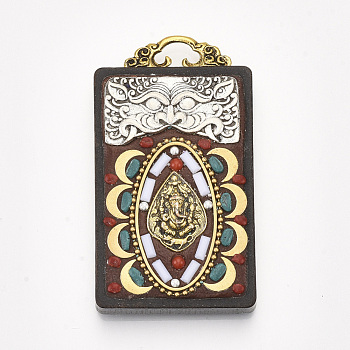 Handmade Indonesia Big Pendants, Wood Settings, with Brass Findings and Alloy Loop, Rectangle with Hindu Elephant God Lord Ganesh Statue, Colorful, 57x32x9.5mm, Hole: 7x3mm