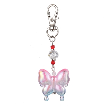 Acrylic Butterfly Pendants Decorations, with Alloy Swivel Lobster Claw Clasps, Platinum, Pearl Pink, 90mm