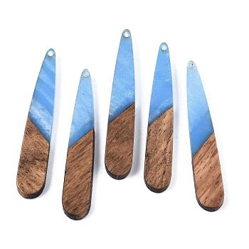 Opaque Resin & Walnut Wood Pendants, Teardrop, Cornflower Blue, 44x7.5x3mm, Hole: 1.5mm