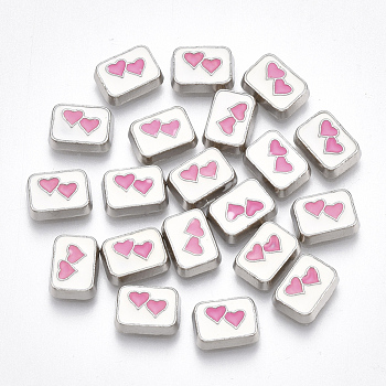 Alloy Enamel Cabochons, Fit Floating Locket Charms, Rectangle with Heart, Hot Pink, Platinum, 6x8x2mm