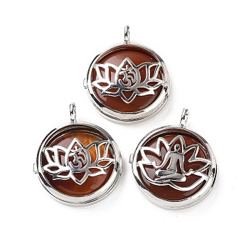 Natural Carnelian Locket Pendants, Flat Round Charms, with Platinum Plated Brass Lotus Findings, 31.5x27x9mm, Hole: 4.6mm