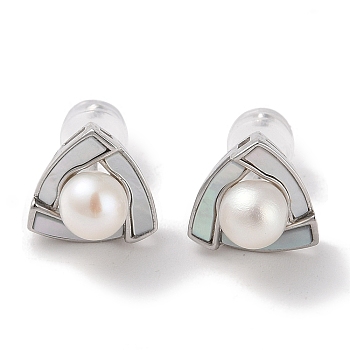 Sterling Silver Stud Earrings, with Natural Pearl, Jewely for Women, Triangle, 10x10.5mm