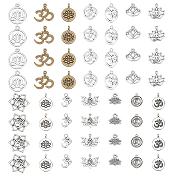 56Pcs 5 Style Chakra Alloy Pendant, Lotus & Flat Round & Flower with Ohm/Aum, Antique Bronze & Antique Silver, 11~23x11~23mm