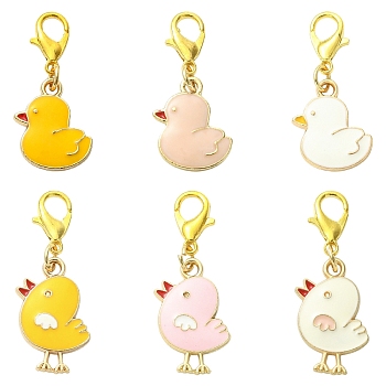 6Pcs Alloy Enamel Chick Pendant Decorations, with Lobster Claw Clasps, Golden, Mixed Color, 29~32mm