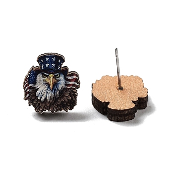 Independence Day Wood Stud Earrings, with 304 Stainless Steel Pins, Eagle, 15x14mm