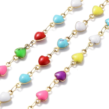304 Stainless Steel Link Chains, with Resin & Enamel & Spool, Unwelded, Real 18K Gold Plated, Heart, Colorful, 10x5x2.5mm, about 32.81 Feet(10m)/Roll