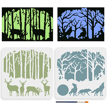 US 1 Set PET Hollow Out Drawing Painting Stencils, with 1Pc Art Paint Brushes, for DIY Scrapbook, Photo Album, Animal, Tree, 300x300mm, 2pcs/set