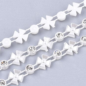 ABS Plastic Imitation Pearl Beaded Trim Garland Strand, Great for Door Curtain, Wedding Decoration DIY Material, with Rhinestone, Flower, Creamy White, 6.5x2.5mm, 10yards/roll