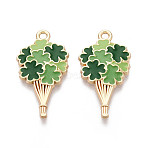 Saint Patrick's Day Alloy Enamel Pendants, Flower Charms, Golden, Cadmium Free & Nickel Free & Lead Free, Green, 28x15x2.5mm, Hole: 1.8mm(ENAM-T024-41A-G)