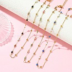 Natural & Synthetic Mixed Gemstone Faceted Round Beads Handmade Link Chain Necklaces with 316 Stainless Steel Chains, Golden, 15.31 inch(38.9cm)(NJEW-JN06059)