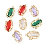 Brass Micro Pave Clear Cubic Zirconia Pendants, with Glass, Oval Charms, Long-Lasting Plated, Rack Plating, Golden, Mixed Color, 26x17x6mm, Hole: 1.4mm(KK-H257-09G)