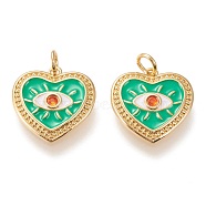 Brass Micro Pave Cubic Zirconia Pendants, with Enamel and Jump Rings, Long-Lasting Plated, Heart & Eye, Medium Spring Green, Golden, 15x15x2mm, Hole: 3mm(ZIRC-I044-25G)