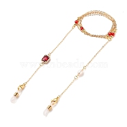 Eyeglasses Chains, Neck Strap for Eyeglasses, with Brass Cable Chains, Natural Pearl Beads, Glass Beads, 304 Stainless Steel Lobster Claw Clasps and Rubber Loop Ends, Real 18K Gold Plated, Brown, 31.57 inch(80.2cm)(AJEW-EH00248-04)