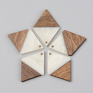 Opaque Resin & Walnut Wood Pendants, Rhombus, Floral White, 34x24x3mm, Hole: 2mm(RESI-S389-012A-C04)