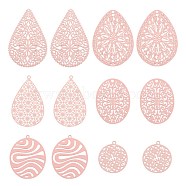 36Pcs 6 Style 430 Stainless Steel Filigree Pendants, Spray Painted, Etched Metal Embellishments, Teardrop & Teardrop & Flat Round, Pink, 22~40x20~28x0.3~0.5mm, Hole: 1~1.8mm, 6pcs/style(STAS-LS0001-82)