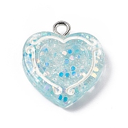 Transparent Resin Pendants, with Platinum Tone Iron Loops, Heart Charm with Glitter Powder and Paillette, Sky Blue, 20x17.6x3.5mm, Hole: 2mm(RESI-C029-01C)