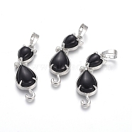 Natural Black Agate Kitten Pendants, with Platinum Tone Brass Findings, Cat with Bowknot Shape, 35.5x12x6mm, Hole: 5x7mm(G-J386-E05)