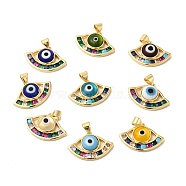 Handmade Evil Eye Lampwork Pendants, with Brass Cubic Zirconia Finding, Cadmium Free & Lead Free, Real 18K Gold Plated, Fan Charm, Mixed Color, 15x23x4.8mm, Hole: 3x4mm(LAMP-E034-01G)