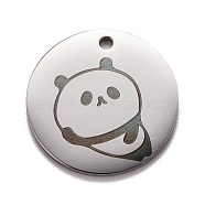 Stainless Steel Pendant, Flat Round with Panda, Stainless Steel Color, 20x1mm, Hole: 1.6mm(STAS-P296-09P)