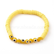 Polymer Clay Heishi Beads Stretch Bracelets, with Evil Eye Lampwork Round Beads, Yellow, Inner Diameter: 2-1/8 inch(5.3cm)(BJEW-JB05905-03)