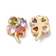 Brass with Colorful Glass Charms, Clover Charms, Real 18K Gold Plated, 12x8.5x3mm, Hole: 1mm(KK-G465-12G)
