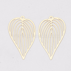 Brass Pendants, Etched Metal Embellishments, Long-Lasting Plated, Leaf, Light Gold, 42x25x0.3mm, Hole: 1.6mm(X-KKC-S001-027KC)