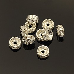 Brass Rhinestone Spacer Beads, Grade B, Clear, Silver Color Plated, Size: about 8mm in diameter, 3.8mm thick, hole: 1.5mm(X-RSB038-B01)