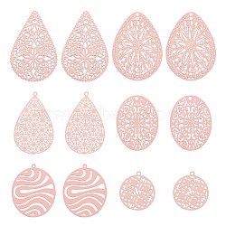 36Pcs 6 Style 430 Stainless Steel Filigree Pendants, Spray Painted, Etched Metal Embellishments, Teardrop & Teardrop & Flat Round, Pink, 22~40x20~28x0.3~0.5mm, Hole: 1~1.8mm, 6pcs/style(STAS-LS0001-82)