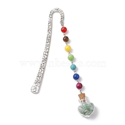 7 Chakra Gemstone Bead & Natural Green Aventurine Glass Heart Wishing Bottle Pendant Bookmarks, Alloy Hook Bookmarks, 153mm(AJEW-JK00313-06)