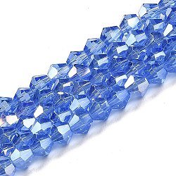 Transparent Electroplate Glass Beads Strands, AB Color Plated, Faceted, Bicone, Light Blue, 6x6mm, Hole: 1mm, about 45~47pcs/strand, 9.65~9.84 inch(24.5~25cm)(EGLA-A039-T6mm-B07)