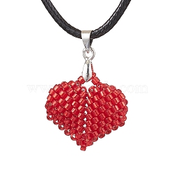 3D Heart Glass Seed Beads Pendant Necklaces, Imitation Leather Cord Necklaces, Red, 17.52 inch(44.5cm)(NJEW-MZ00046-03)