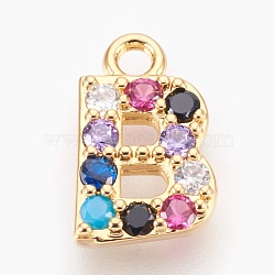 Brass Micro Pave Cubic Zirconia Charms, Letter, Golden, Letter.B, 13~14x7~10x2~2.5mm, Hole: 1.5~1.8mm(ZIRC-F089-01G-B)