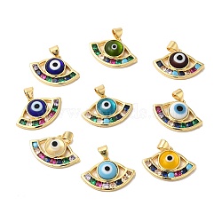 Handmade Evil Eye Lampwork Pendants, with Brass Cubic Zirconia Finding, Cadmium Free & Lead Free, Real 18K Gold Plated, Fan Charm, Mixed Color, 15x23x4.8mm, Hole: 3x4mm(LAMP-E034-01G)