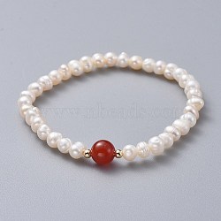 Stretch Grade A Natural Freshwater Pearl Bracelets, with Natural Carnelian(Dyed & Heated) Beads and Brass Beads, 2 inch(5.1cm)(BJEW-JB04623-04)