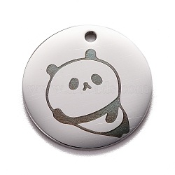 Non-Tarnish Stainless Steel Pendant, Flat Round with Panda, Stainless Steel Color, 20x1mm, Hole: 1.6mm(STAS-P296-09P)