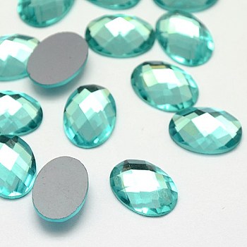 Faceted Glass Oval Cabochons, Medium Turquoise, 18x13x3~5mm