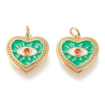 Brass Micro Pave Cubic Zirconia Pendants, with Enamel and Jump Rings, Long-Lasting Plated, Heart & Eye, Medium Spring Green, Golden, 15x15x2mm, Hole: 3mm