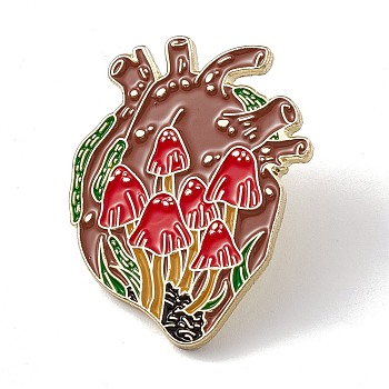Anatomical Heart Enamel Pin, Light Gold Alloy Brooch for Backpack Clothes, Mushroom Pattern, 31x24x2mm, Pin: 1.3mm