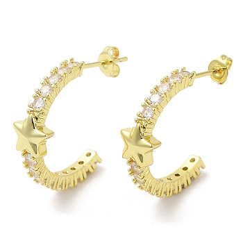Clear Cubic Zirconia Arch with Star Stud Earrings, Rack Plating Brass Earrings for Women, Golden, 24x8mm